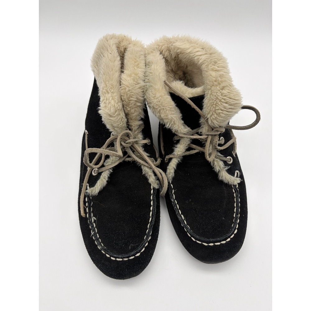 Cabelas Womens Black Suede Moccasin Boots Faux Fur Lined Size 9M JMH1238